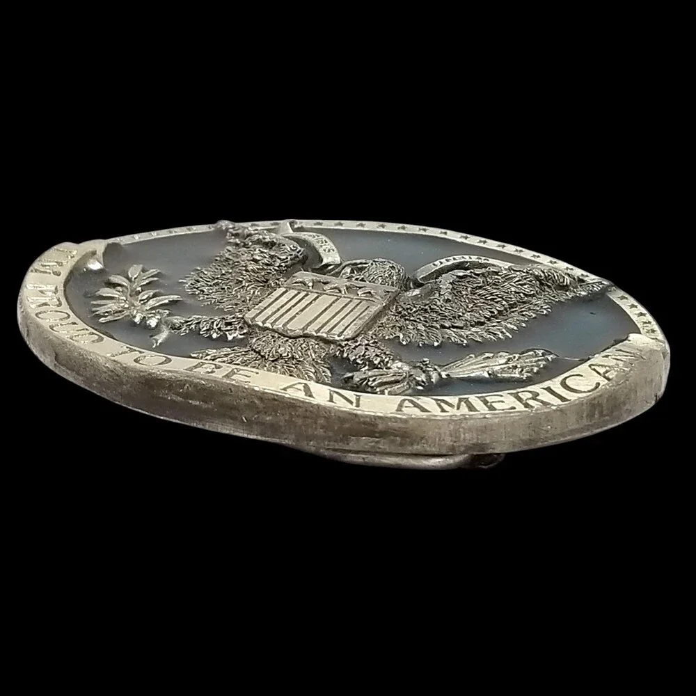 Vintage Belt Buckle Pewter 1981‎ I'm Proud To Be An American E Pluribus Unum USA